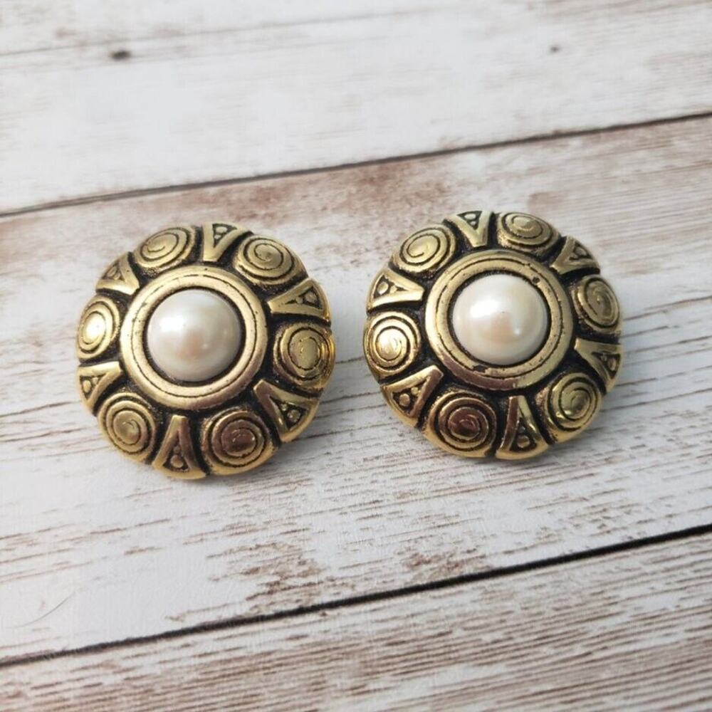 Vintage Clip On Earrings Ornate Design Circle Gold Tone & Faux Pearl Statement